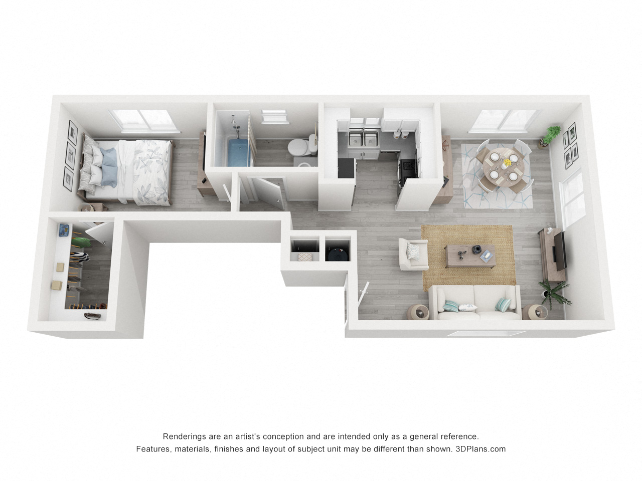 Floor plan for 1 bed, 1 bath, 650 sqft